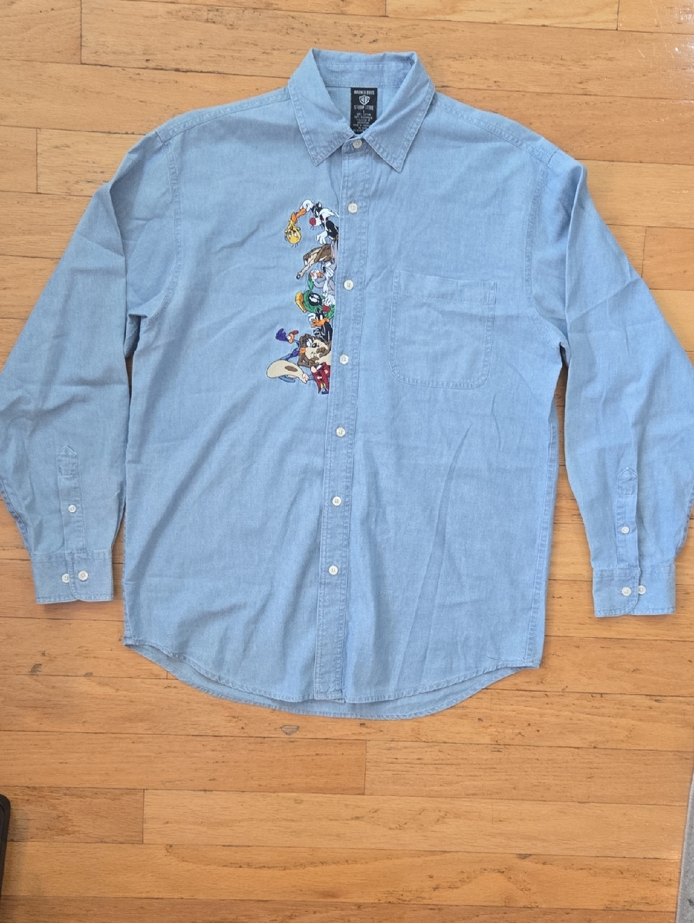 Vintage 90s Warner Bros.  Denim Button-Up Shirt with Looney Tunes Embroidery Y2K